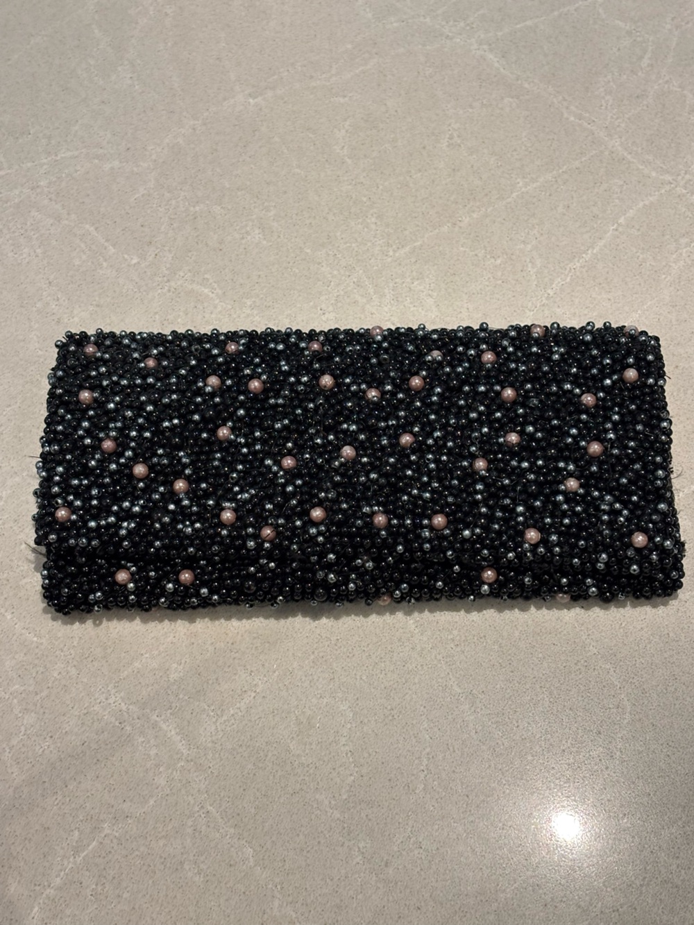 Aldo Black Metallic Beaded Clutch Purse with Pink Accent Pearls Chain Strap Luxe